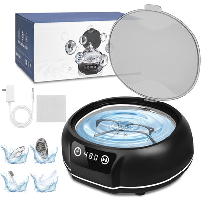 Bokyan Ultrasonic Jewelry Cleaner, 50 kHz Retainers Cleaner Machine 20 Oz Capacity with 304 Stainless Steel for Necklaces, Eyeglasses, Rings, Dentures, Black