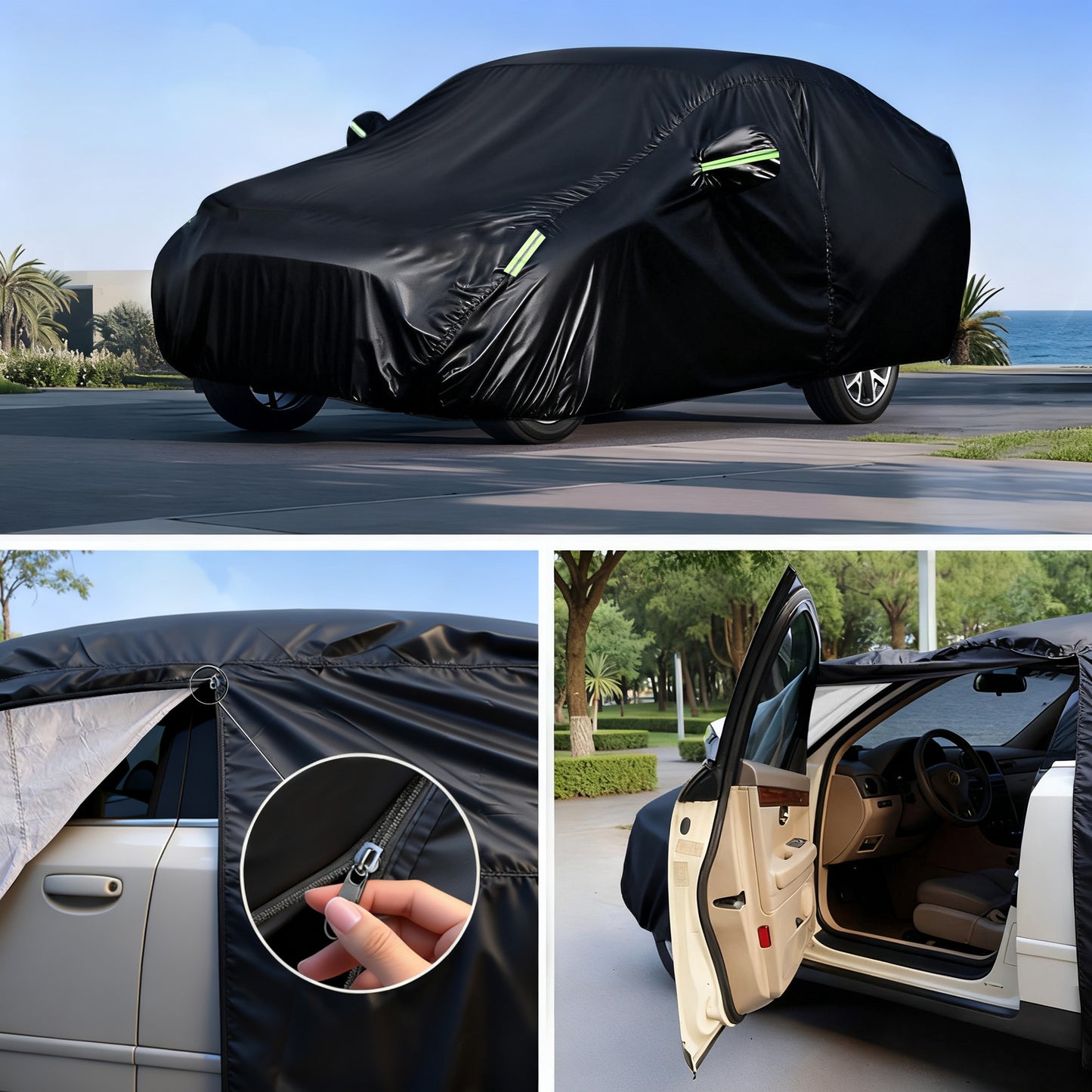 FLORAY Waterproof All-Weather Car Cover with Zipper Door – Heavy-Duty Windproof Protection for Sedan, UV and Snow Guard, Black