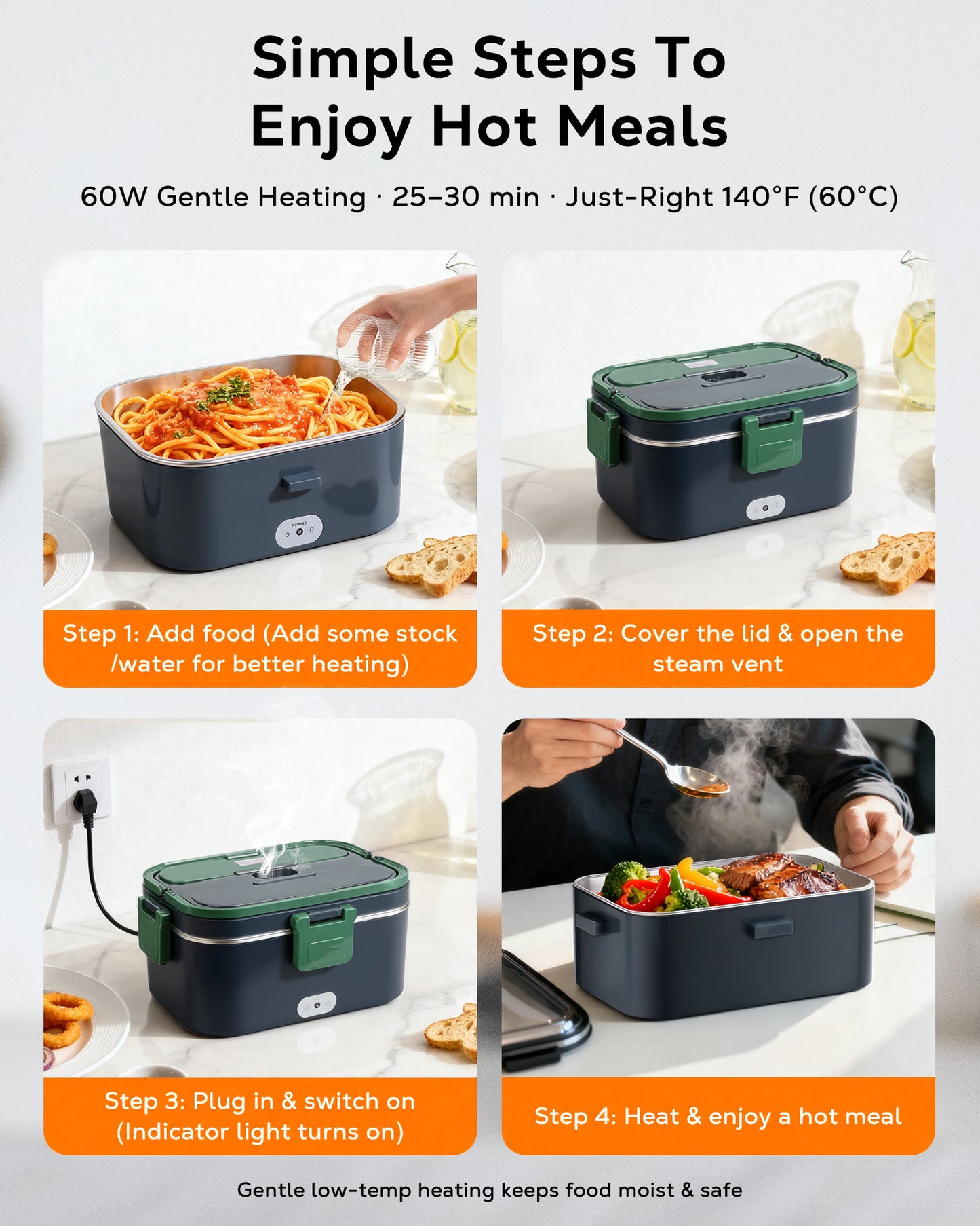 WEENEED Electric Lunch Box 1.8L, 60W Portable Food Heater for Car/Truck and Home, Stainless Steel with Fruit Box, Gray Green