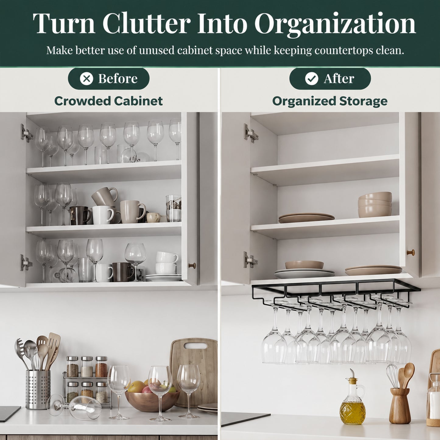 Riousery 4-Row Under Cabinet Wine Glass Rack, Metal Stemware Holder, Hanging Storage for Up to 12 Wine Glasses, Black