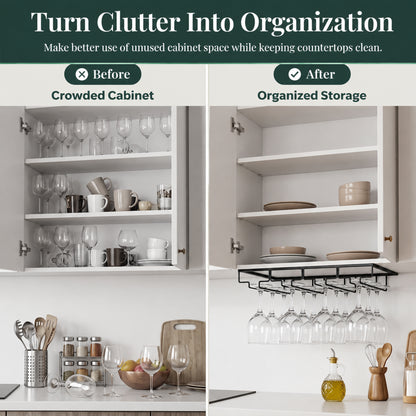 Riousery 4-Row Under Cabinet Wine Glass Rack, Metal Stemware Holder, Hanging Storage for Up to 12 Wine Glasses, Black