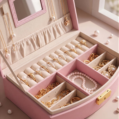 Bokyan 2 Layer Jewelry Box, Women Jewelry Organizer Earrings Ring Necklace Leather Travel Jewelry Case