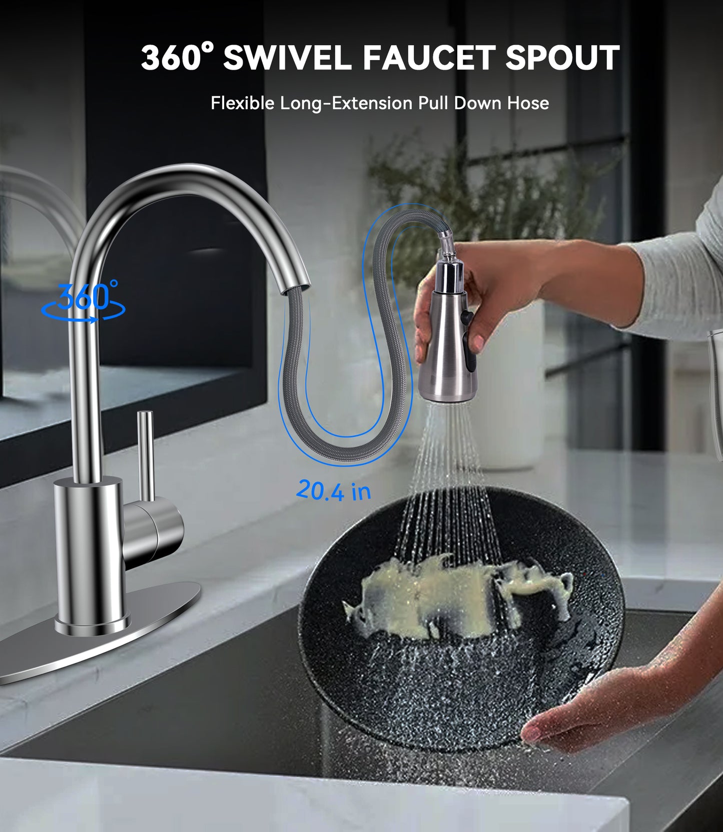 Hodvit Kitchen Faucet with Pull Down Sprayer, Stainless Steel Kitchen Sink Faucet with Deck Plate to Cover