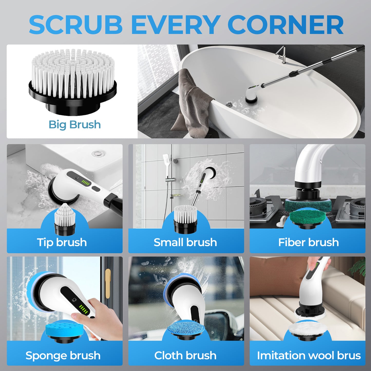 BIMZUC Electric Spin Scrubber, Cordless Cleaning Brush, 7 Replaceable Heads, Extendable Handle, White