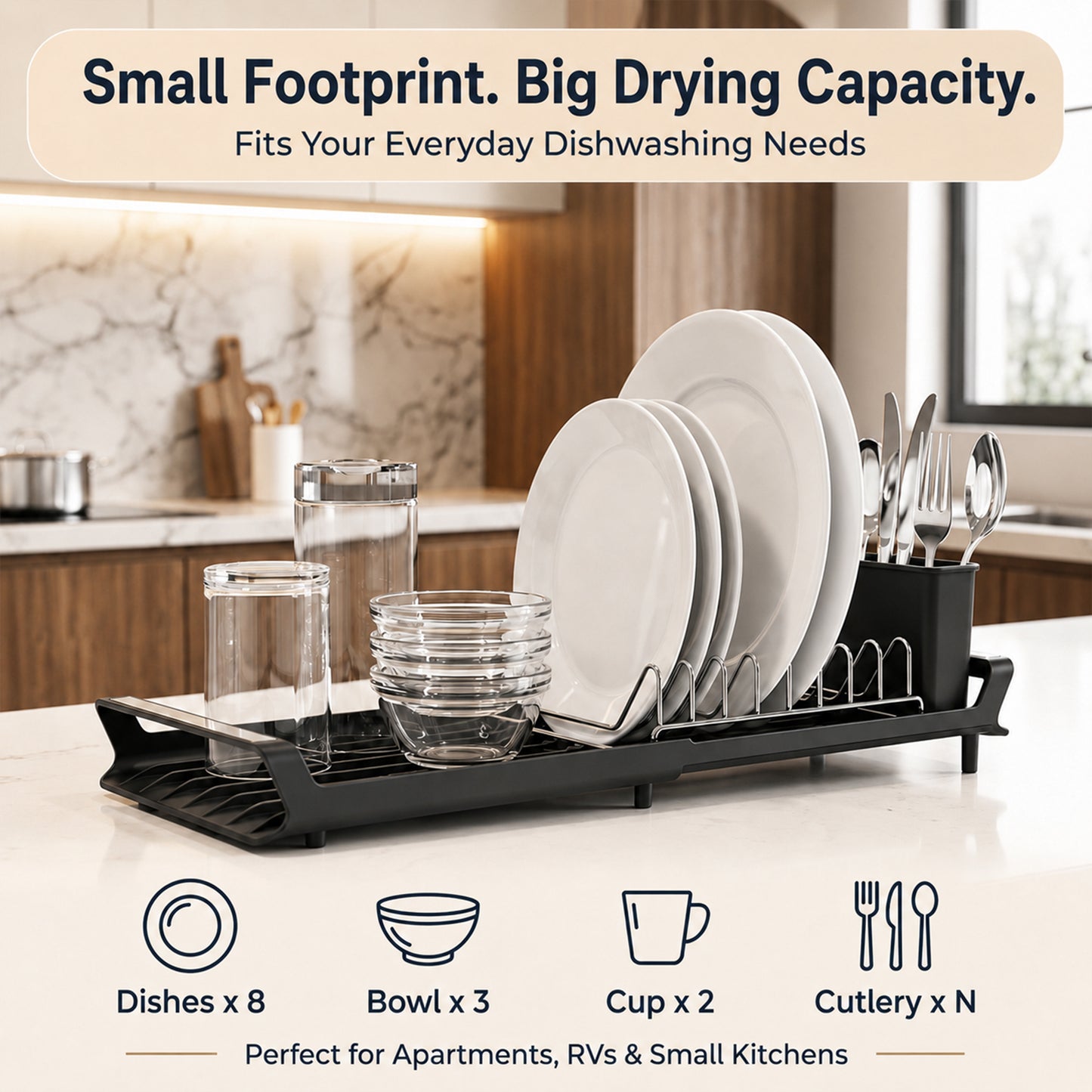 Riousery Expandable Dish Drying Rack with Drainboard, Compact Countertop Dish Drainer with 8-Plate Stainless Steel Rack, 2-Compartment Utensil Holder, Space Saving, Black