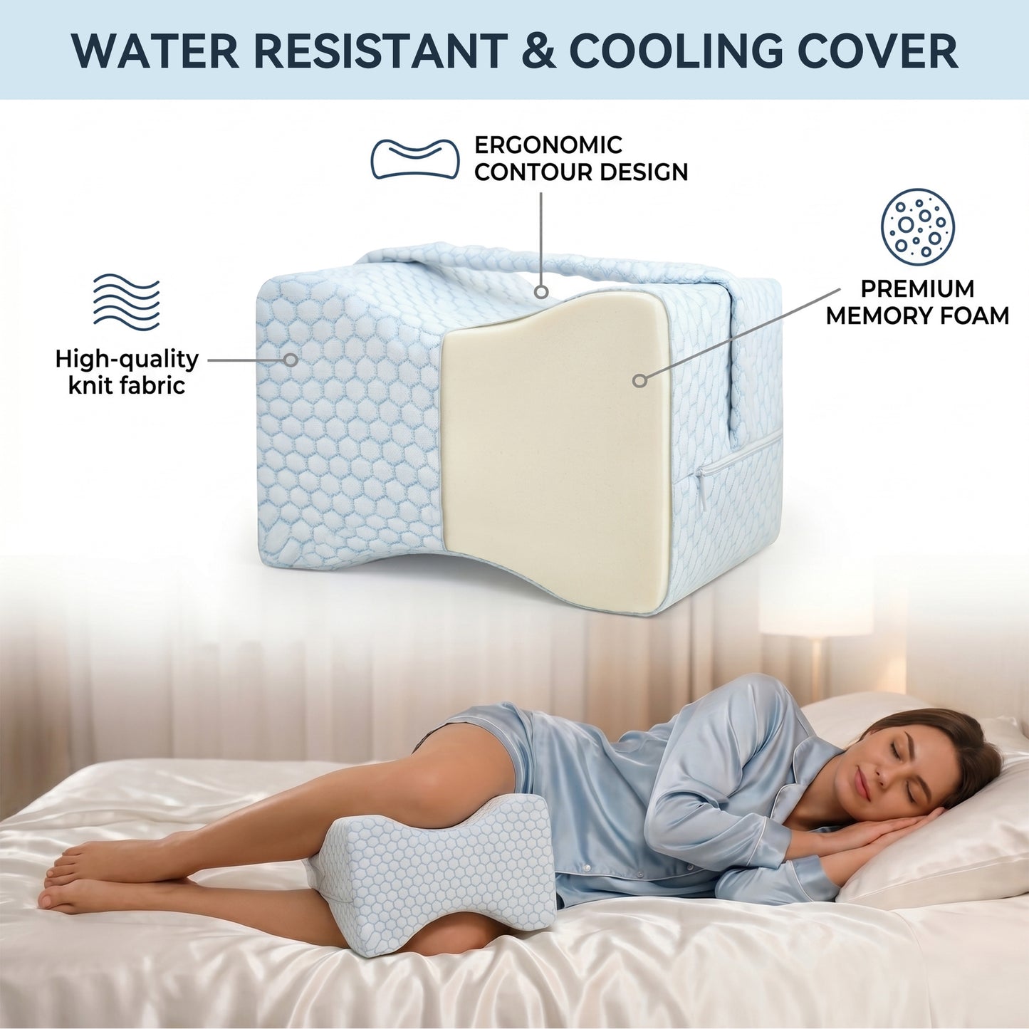 Alylo Memory Foam Knee Pillow for Side Sleepers, Ergonomic Leg Cushion with Adjustable Strap for Hip & Back Support, White