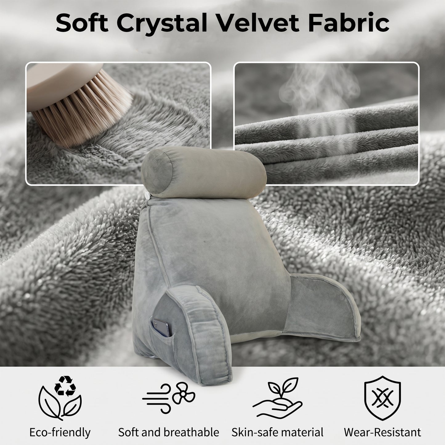 Riousery Reading Pillow with Arms and Semi-Round Neck Roll, Bed Rest Pillow for Sitting Up in Bed, Back Support Pillow with Phone Pocket for Reading, Watching TV and Gaming, Gray