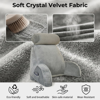Riousery Reading Pillow with Arms and Semi-Round Neck Roll, Bed Rest Pillow for Sitting Up in Bed, Back Support Pillow with Phone Pocket for Reading, Watching TV and Gaming, Gray