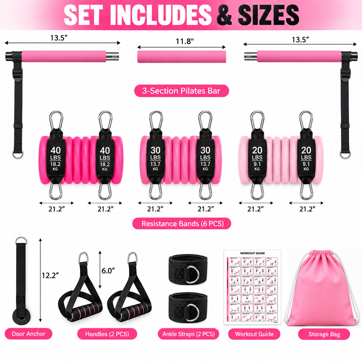 Pilates Bar Kit with Resistance Bands, 1.26in Wide Foot Straps, 3-Section Home Gym Workout Equipment