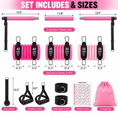 Pilates Bar Kit with Resistance Bands, 1.26in Wide Foot Straps, 3-Section Home Gym Workout Equipment