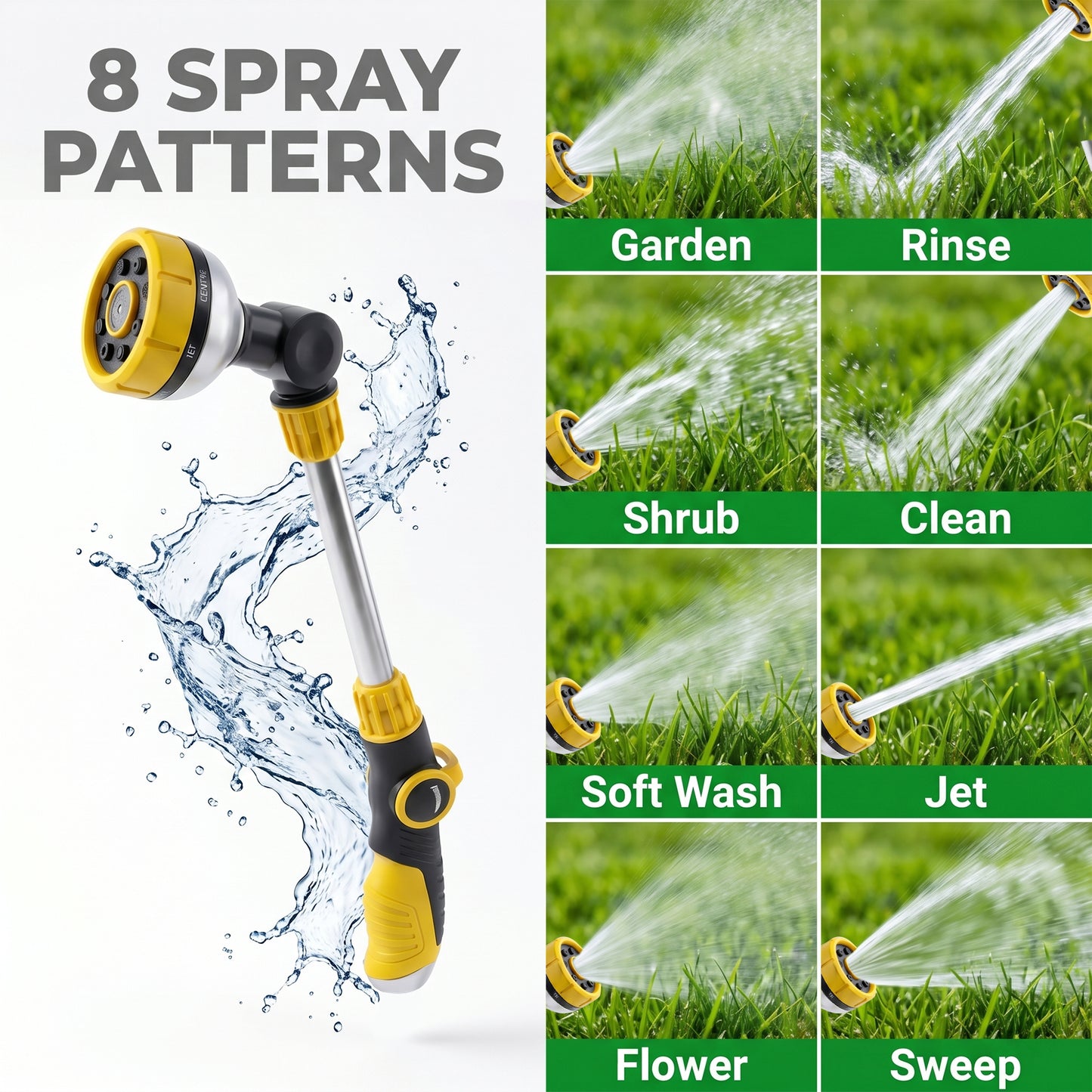 OHHANI Metal Watering Wand with 8 Spray Patterns Thumb Control, 180° Adjustable Nozzle, for Watering Hanging Baskets Yellow