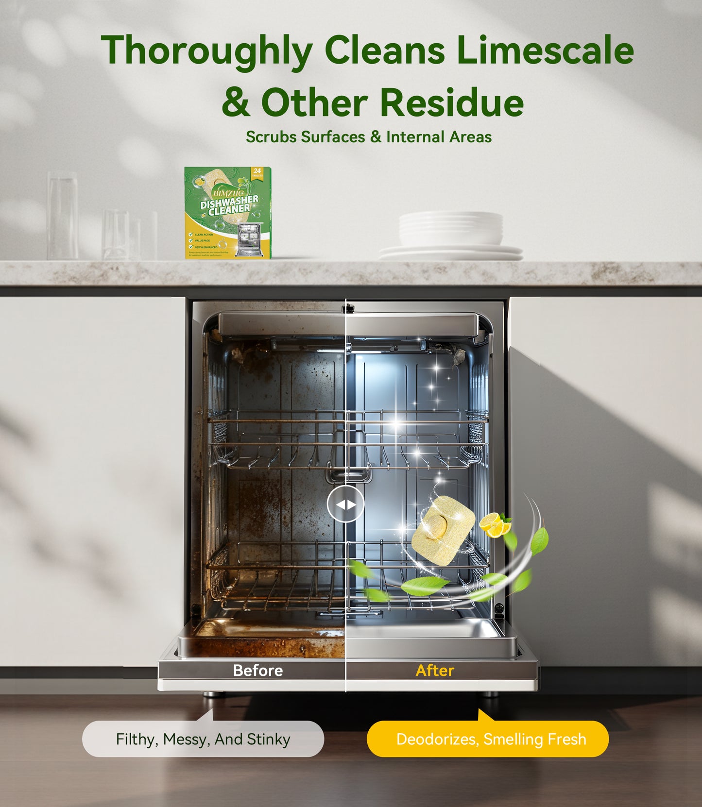 BIMZUC Dishwasher Cleaning Tablets, 24 Tablets, Powerful Cleaning and Deodorizing, Lemon Scent