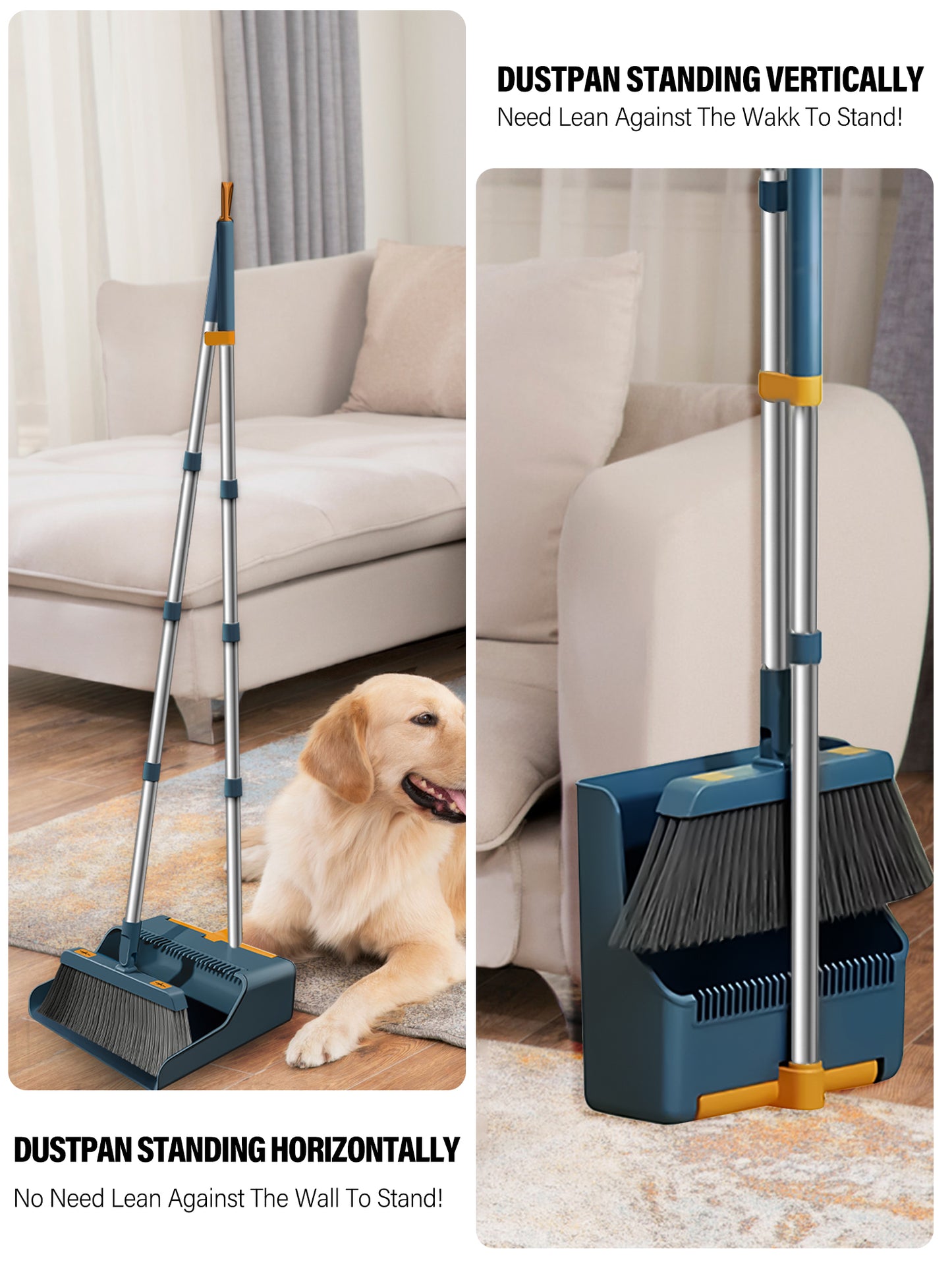 BIMZUC Broom and Dustpan Set for Home, Extendable to 50.4'' Long Handle Broom and Dustpan Set, Blue