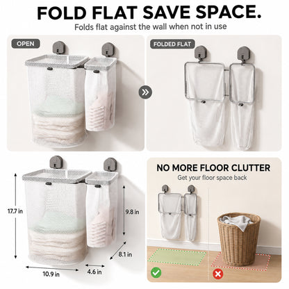 Riousery Wall Mounted Foldable Laundry Hamper, No-Drill Suction Cup Mount, 4 Removable Mesh Wash Bags