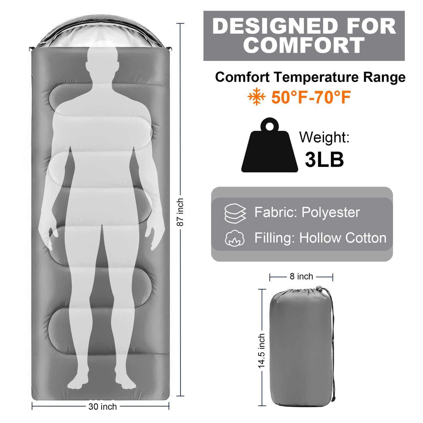 OHHANI Sleeping Bag for Adults Lightweight Backpacking, Comfort 40°F to 77°F, 87" x 30" Suitable for Camping, Hiking, Travel, Gray