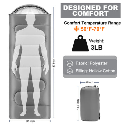 OHHANI Sleeping Bag for Adults Lightweight Backpacking, Comfort 40°F to 77°F, 87" x 30" Suitable for Camping, Hiking, Travel, Gray