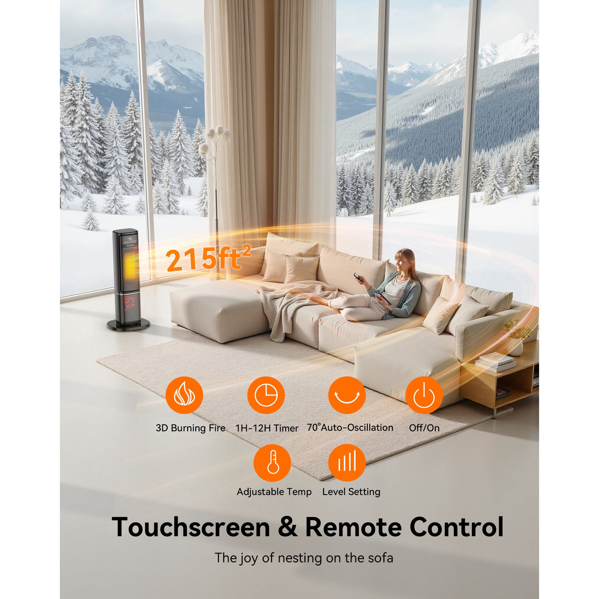 Chastar 24 inch Space Heater with Flame Effect, 1500W Oscillating Ceramic Heater with Thermostat, PTC Heater for Indoor, 12H Timer & Remote, for Office, Bedroom, Living Room, New