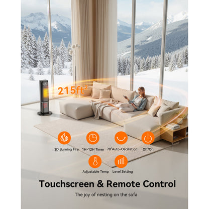 Chastar 24 inch Space Heater with Flame Effect, 1500W Oscillating Ceramic Heater with Thermostat, PTC Heater for Indoor, 12H Timer & Remote, for Office, Bedroom, Living Room, New
