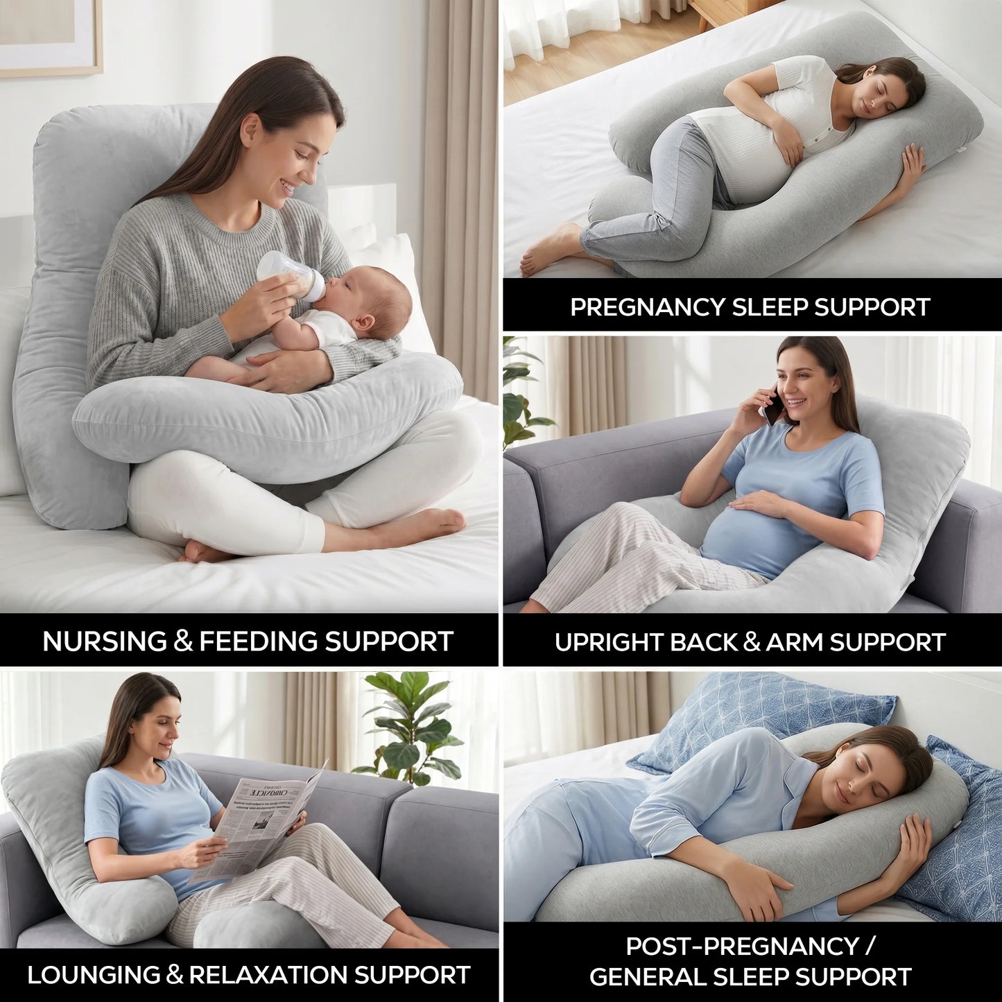 RUPOUN Pregnancy Pillow, J-Shaped Maternity Body Pillow for Sleeping, 70-Inch Full Body Support with Removable Cooling Ice Silk Cover, Gray