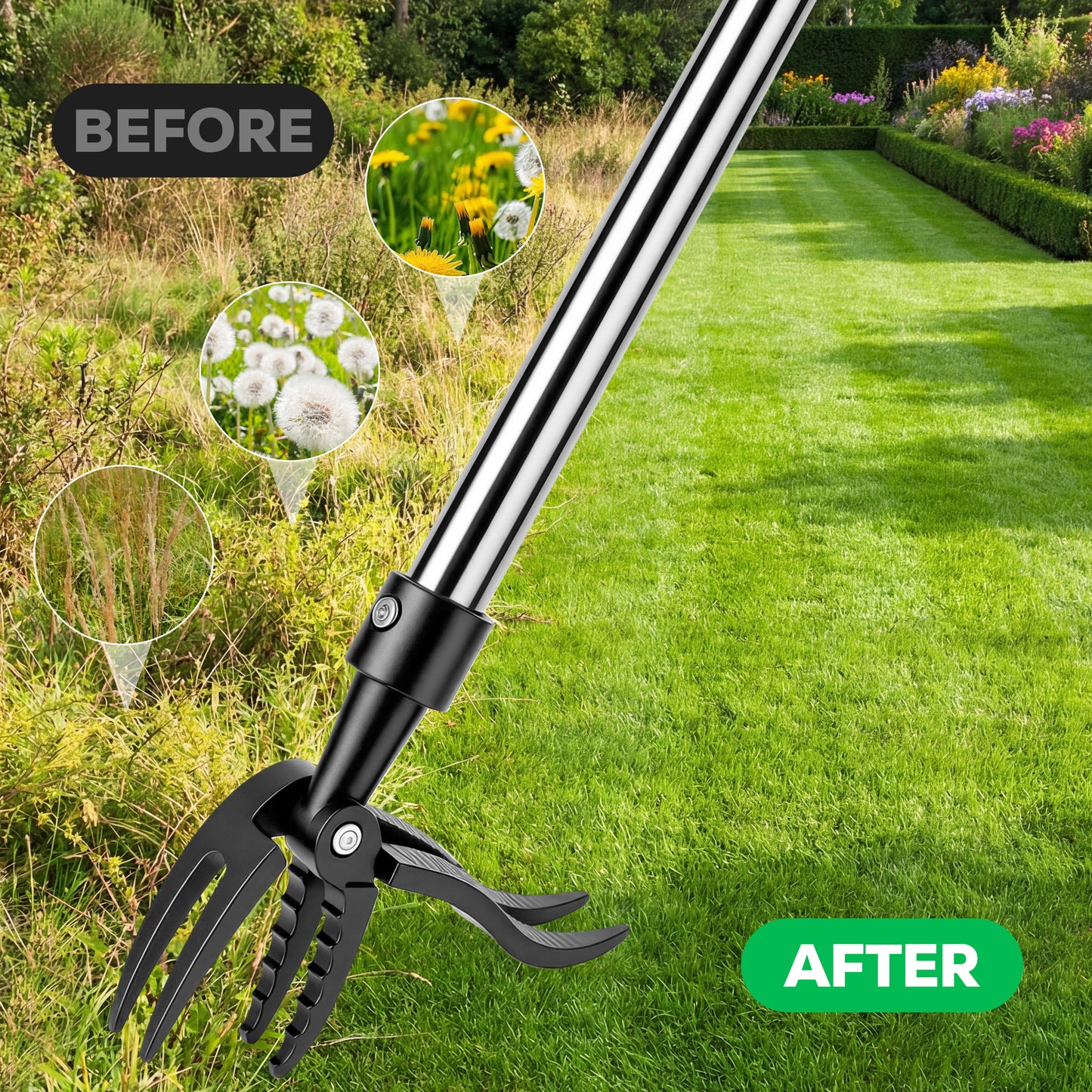 OHHANI Weed Puller Tool, 4-Section Adjustable Length, Detachable, Portable, Suitable for Gardens Lawns and Flower Beds