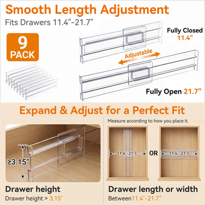 Riousery 9 Pack Adjustable Clear Acrylic Drawer Dividers, Expandable 11.4-21.7 in Drawer Organizers with Adhesive Pads for Kitchen, Bedroom, Bathroom & Office