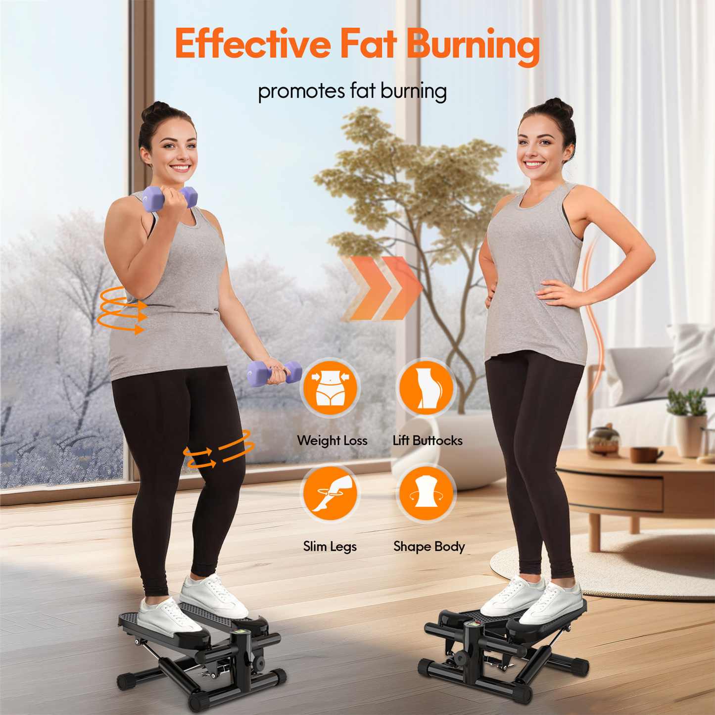 Opmukin Mini Steppers for Exercise, Mute the Sound with Resistance Bands, 331lbs Loading Capacity, Digital Monitor, Optional Twist Motion for Home Fitness - Dark Black