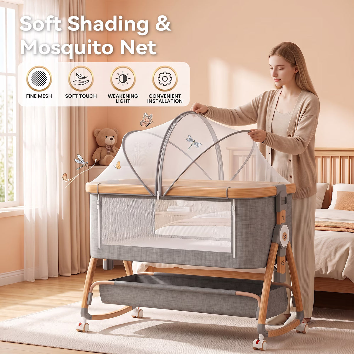 Chastar Bassinet, Foldable Bedside Bassinet with 6 Adjustable Heights and Mesh Panels, for Newborns, Gray