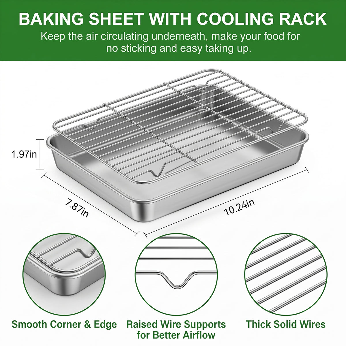 XSAPT Baking Sheet with Wire Rack, 10.24 x 7.87 inch Stainless Steel Heavy Duty Set, Silver