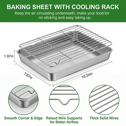 XSAPT Baking Sheet with Wire Rack, 10.24 x 7.87 inch Stainless Steel Heavy Duty Set, Silver