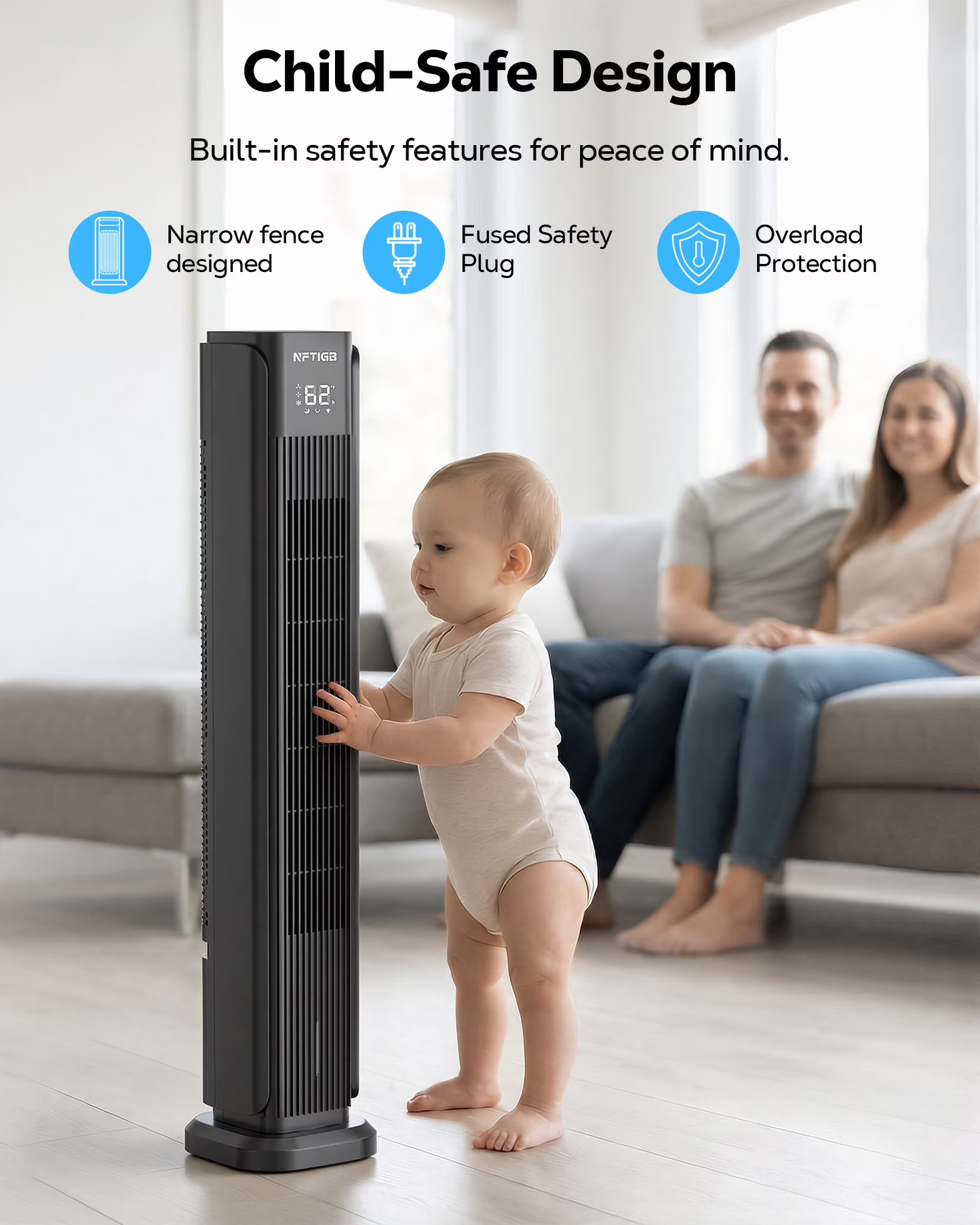 NFTIGB 36-Inch Tower Fan Quiet Oscillating Floor Fan with 3 Speeds, 3 Modes, 12H Timer, Bladeless Standing Fan for Home, Black