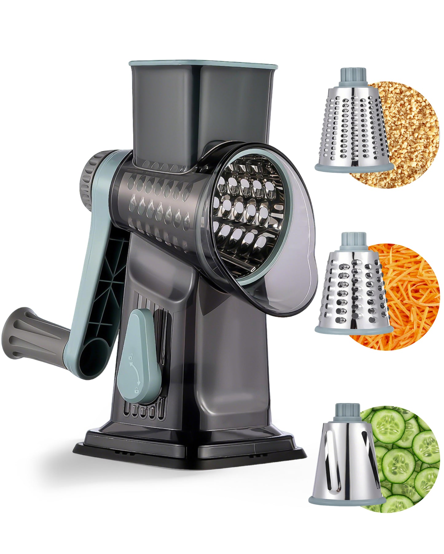 M Buder Rotary Cheese Grater with 3 Interchangeable Blades, Hand Crank Cheese Shredder Vegetable Chopper , Mandoline Slicer, Suction Base, Gray