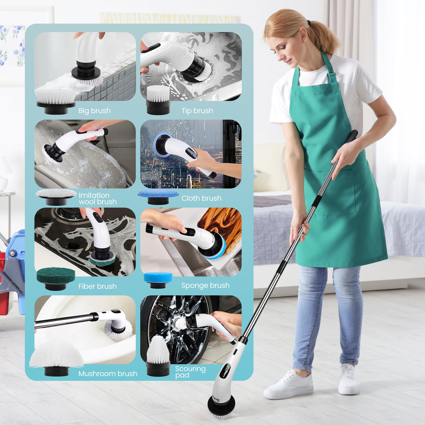 BIMZUC Electric Spin Scrubber, Cordless Cleaning Brush, 8 Replaceable Heads, Adjustable Handle, 400 RPM Power, for Bathroom, Kitchen, Floors, White