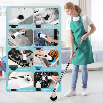 BIMZUC Electric Spin Scrubber, Cordless Cleaning Brush, 8 Replaceable Heads, Adjustable Handle, 400 RPM Power, for Bathroom, Kitchen, Floors, White