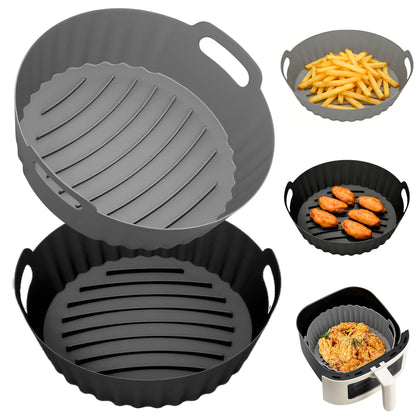 M Buder 2 Pack Silicone Air Fryer Liners, 4-7 QT Air Fryers, Reusable Food Grade Basket Bowl, Replacement for Parchment Paper, Baking Tray Oven Accessories, Round Gray&Black (Top 7.9in, Bottom 6.7in)