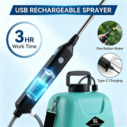 OHHANI Battery Powered Sprayer, 5L Cordless Electric Portable Garden Sprayer with USB Rechargeable Handle Telescopic Wand 4 Nozzles,  for Lawn Garden