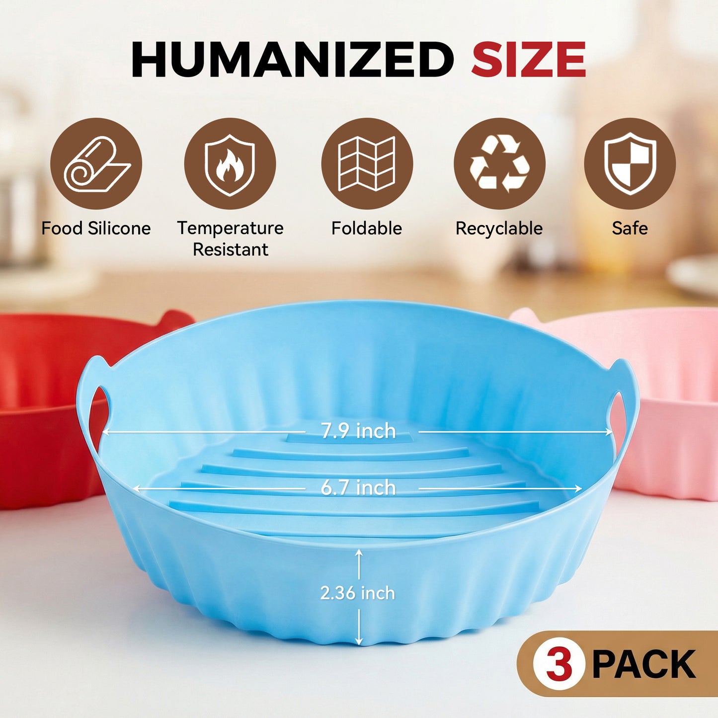M Buder 3 Pack Silicone Air Fryer Liners 4-7 QT, Reusable Food Grade Basket Bowl, Replacement for Parchment Paper, Baking Tray Oven Accessories, Round Red&Blue&Pink (Top 7.9in, Bottom 6.7in)