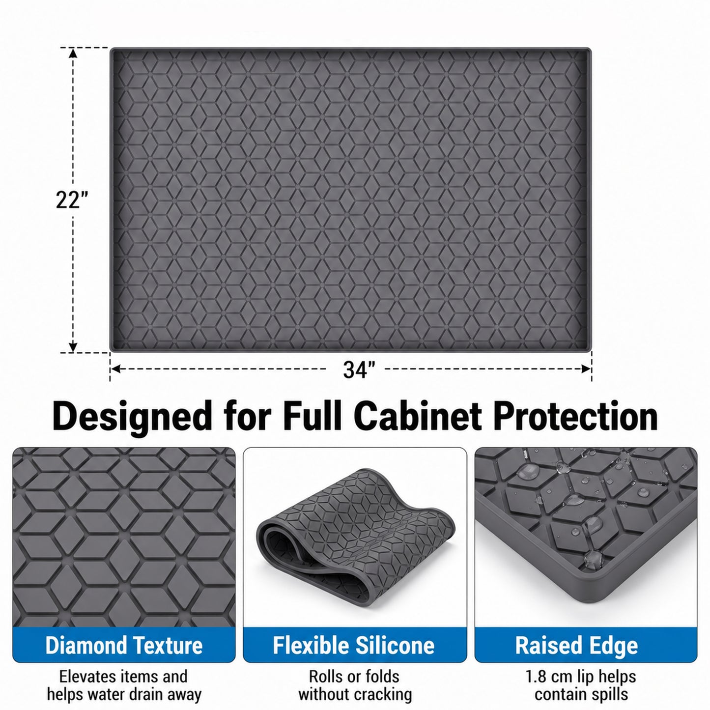 Riousery Under Sink Mat for Kitchen and Bathroom, 34 x 22 Inch Waterproof Silicone Cabinet Liner with 1.8 cm Raised Edge, Dark Gray