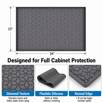 Riousery Under Sink Mat for Kitchen and Bathroom, 34 x 22 Inch Waterproof Silicone Cabinet Liner with 1.8 cm Raised Edge, Dark Gray