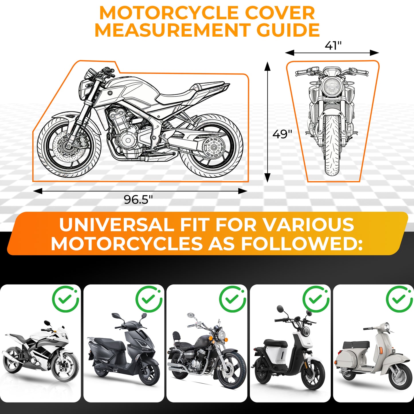 FLORAY Lightweight All-Season Motorcycle Cover, Waterproof Outdoor Protection with Reflective Strips and Windproof Buckles, 2XL, Orange