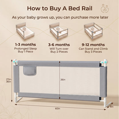 L-Shaped Toddler Bed Rail ,59in Extra Large Safety Fence, Universal Fit for Most Mattresses, Tool-Free Easy Installation, Gray