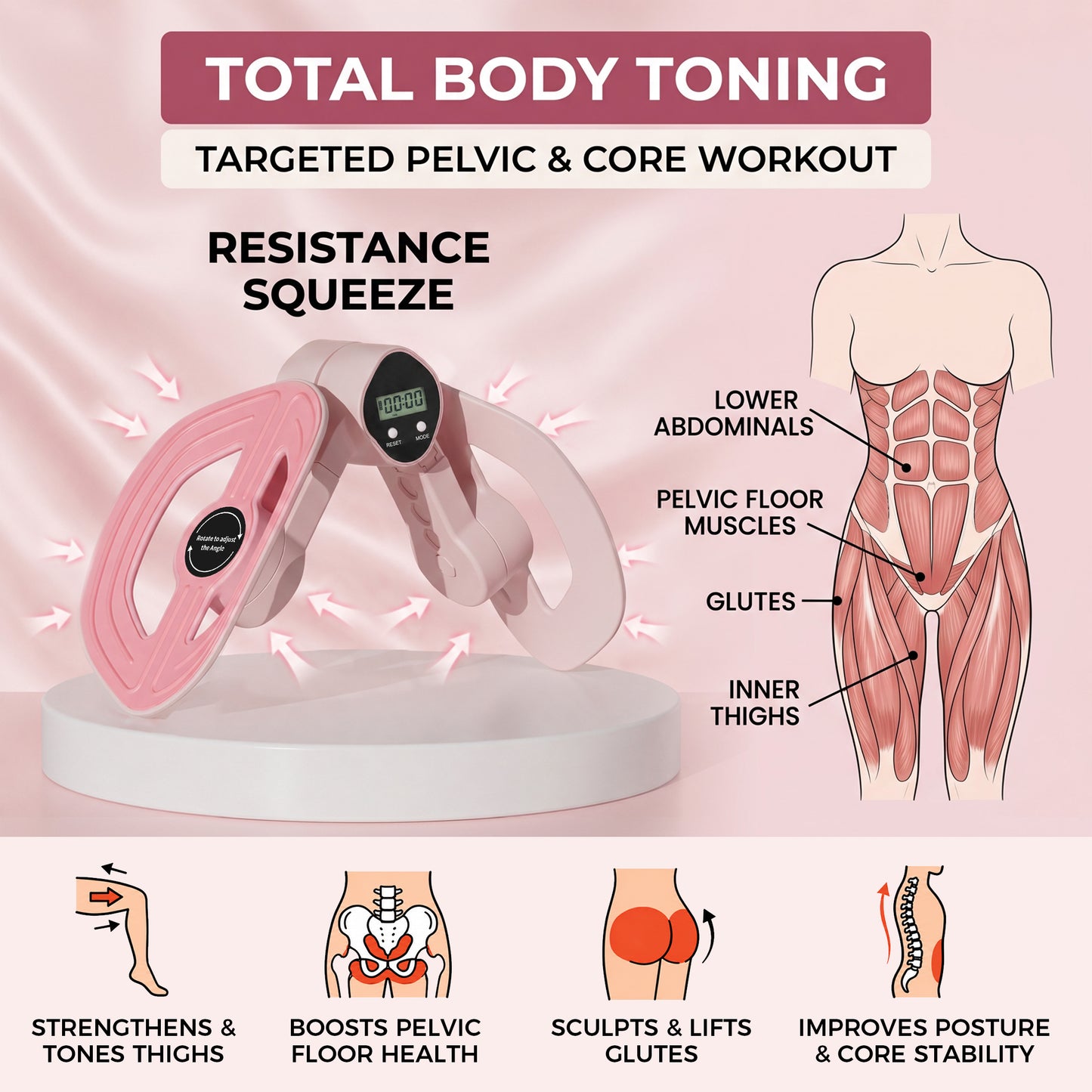 Smart Thigh and Leg Exerciser for Women, Lower Body Resistance Trainer with Digital Counter, Adjustable Length Home Gym Equipment, Pink