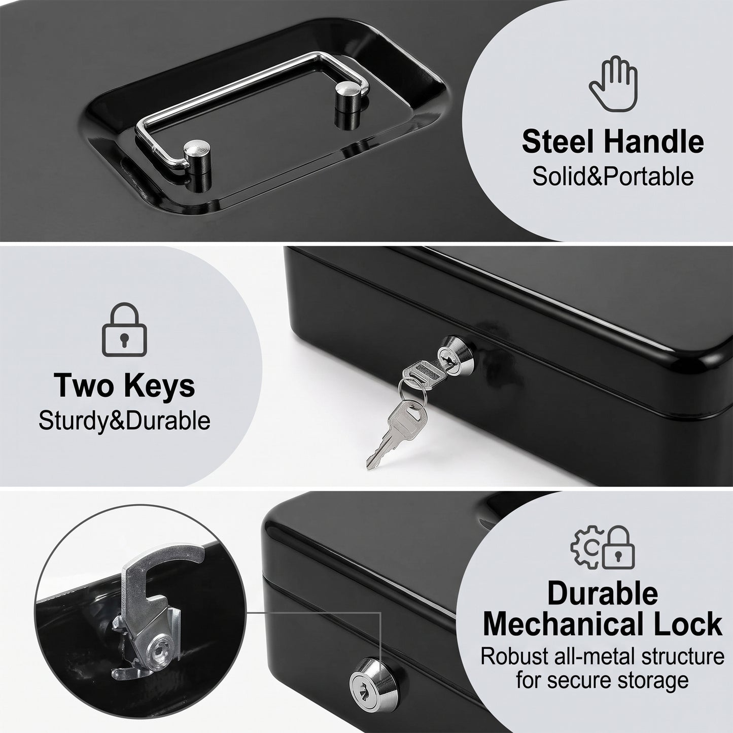 Alylo Large Metal Cash Box with Money Tray and Key Lock, 5 Coin Compartments, Black, 11.8" x 9.45" x 3.74"