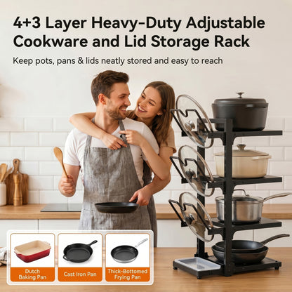 Riousery Pots and Pans Organizer, 7-Tier Adjustable Pan Rack with Lid Holder and Drip Tray, 220Lb Heavy Duty Metal Cookware Organizer for Kitchen Countertop & Cabinet, Black