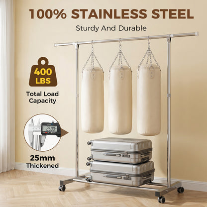 Riousery Heavy-Duty Stainless Steel Clothing Rack with Wheels, Adjustable Height & Length for Closet Organization