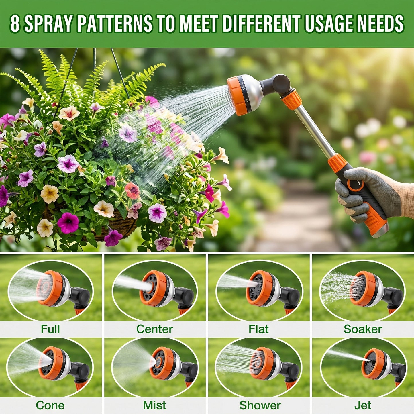 OHHANI Metal Watering Wand with 8 Spray Patterns Thumb Control, 180° Adjustable Nozzle, for Watering Hanging Baskets, Shrubs, and Car Washing