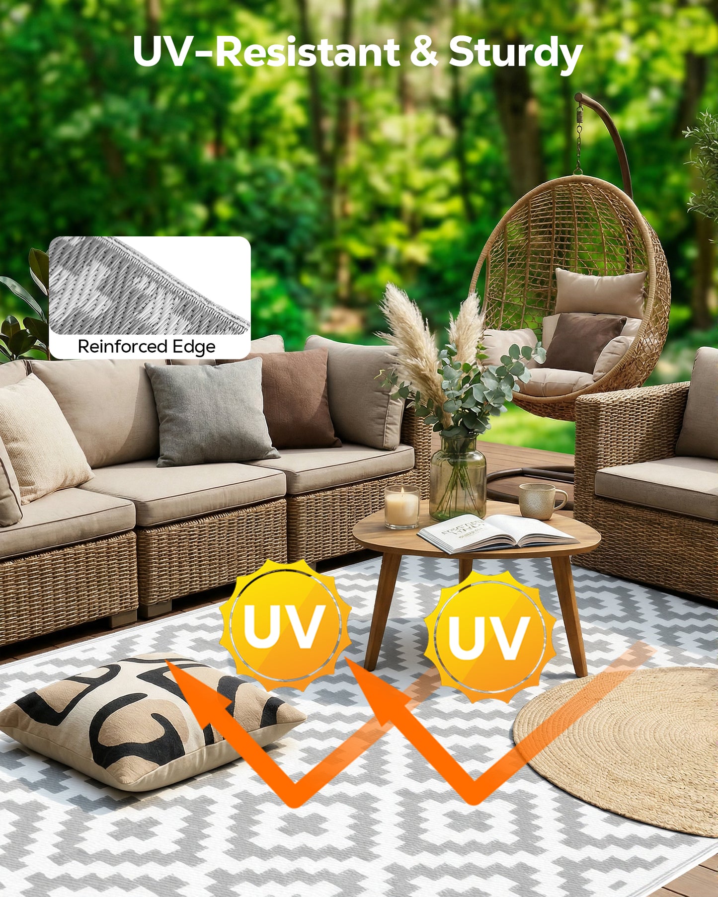 OHHANI Outdoor Rug, 6'x9', Waterproof Reversible Patio Rug, Plastic Straw Rug, RV Patio Deck Beach Gray