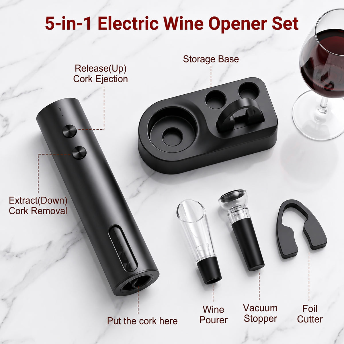 M Buder Electric Wine Opener, Automatic Wine Bottle Opener Set with Foil Cutter Vacuum Stopper and Storage Base, Cordless Automatic Corkscrew for Kitchen and Parties
