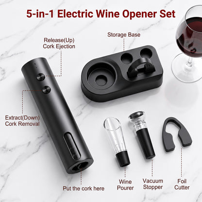 M Buder Electric Wine Opener, Automatic Wine Bottle Opener Set with Foil Cutter Vacuum Stopper and Storage Base, Cordless Automatic Corkscrew for Kitchen and Parties