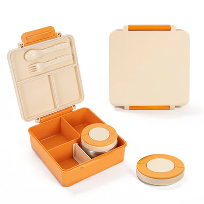 M Buder 1700ML Bento Box for Kids, Leak-Proof Lunch Box with 3 or 4 Compartments, 350 ml Insulated Food Jar, Fork, Spoon, Orange
