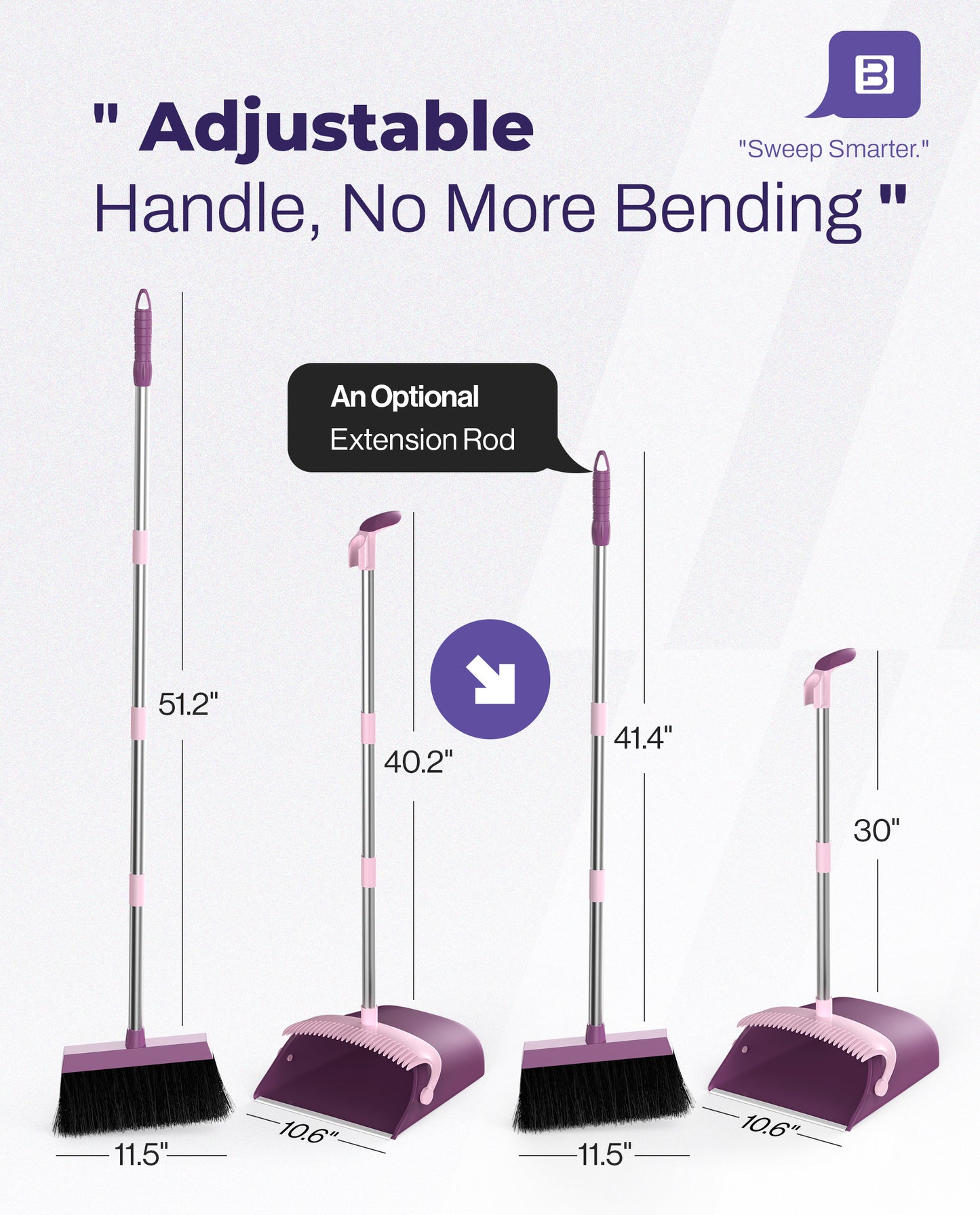 BIMZUC Broom and Dustpan Set for Home, 51" Long Handle Dustpan & Broom W/Comb, Purple Cleaning Kit